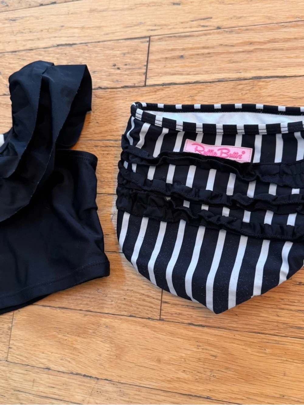RuffleButts Girls‎ 2T Black Striped Ruffle Two Piece Bikini Swimsuit Set